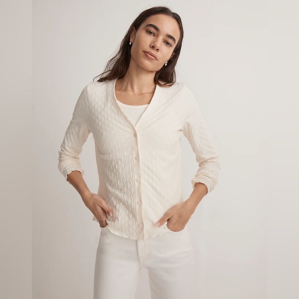 Madewell 100% Cotton Checkerboard Jacquard Basket Weave Knit V Neck Cardigan XXS